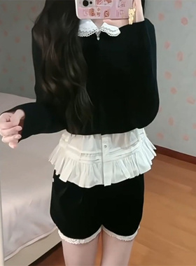 小众温柔时尚性感高级感两件套女秋季新款黑色开衫白色上衣两件套