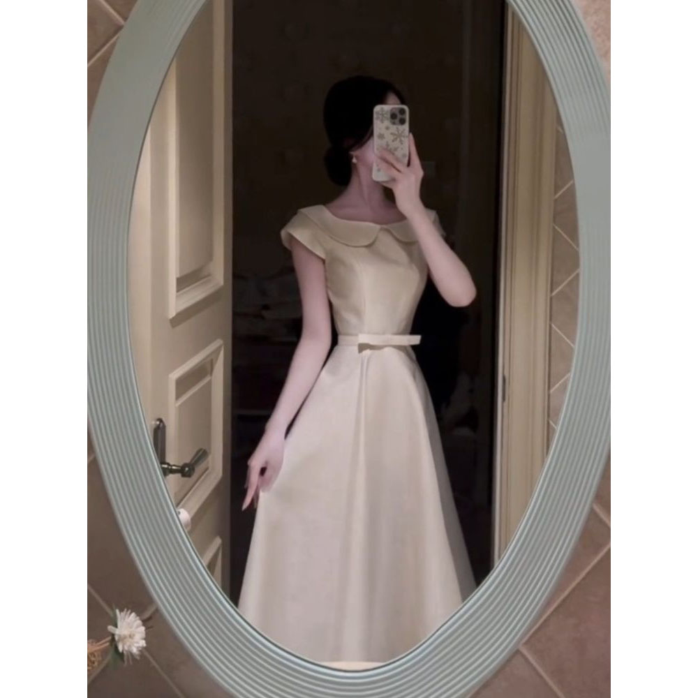 时髦洋气优雅御姐千金娃娃领显瘦连衣裙新款微胖蝴蝶结设计A字裙