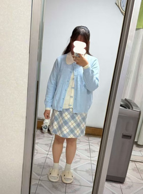 韩系大码蝴蝶结扣蓝色假两件上衣女秋季新款高级感格纹半身裙套装