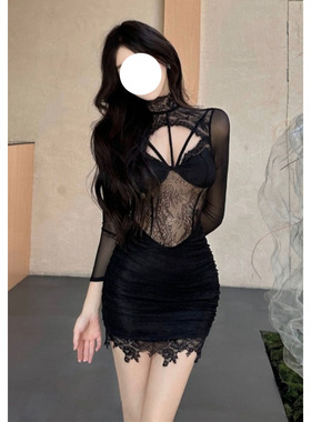 法式性感设计感连衣裙新款微胖大码网纱拼接修身显瘦长袖包臀裙女