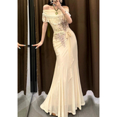 新款 流苏露肩遮肉手臂修身 少女波西米亚鱼尾连衣裙微胖显瘦包臀裙