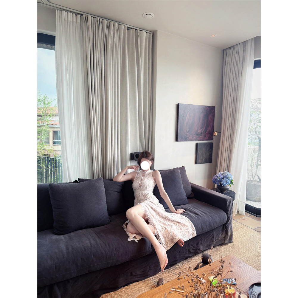 法式新款微胖性感蕾丝镂空连衣裙女夏季宴会小礼裙开叉显瘦长裙