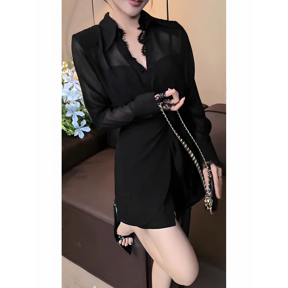 大码女装设计感小众蕾丝拼接衬衫裙夏季新款胖mm收腰显瘦连衣裙