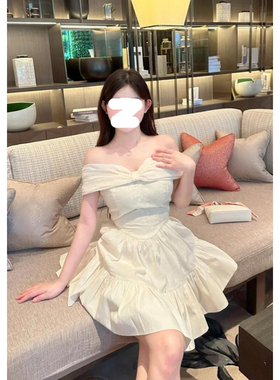 法式甜美白色约会连衣裙新款蝴蝶结一字肩收腰显瘦公主短裙女装