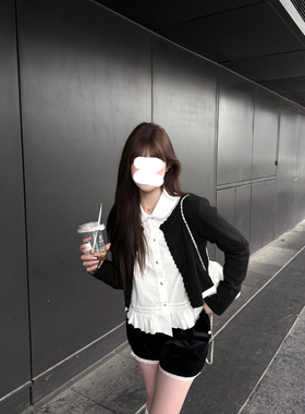 韩系小众甜美休闲风白色内搭上衣两件套女秋季新款黑色长袖开衫潮