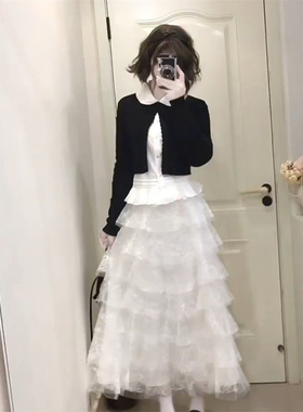 黑色长袖显瘦开衫娃娃领百搭上衣两件套女秋季新款甜美减龄套装