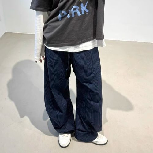 Purey藏青格纹弯刀阔腿休闲长裤