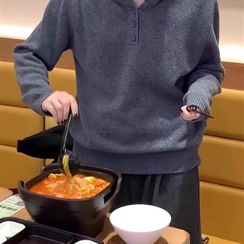 韩系简约纯色连帽针织衫毛衣女秋季大码胖MM慵懒宽松内搭打底上衣