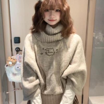 麻花套头斗篷高领毛衣女韩版秋冬新款慵懒外搭设计感印花针织上衣