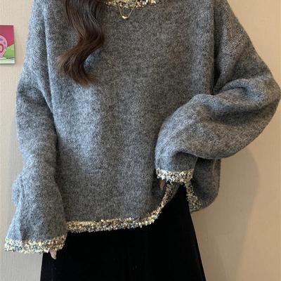 品质亮丝软糯圆领毛衣女秋冬新款慵懒风内搭宽松针织衫上衣打底衫