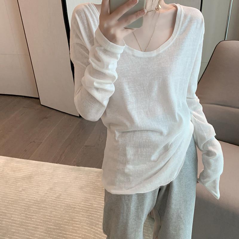 竹节棉白色U领大领口长袖t恤女内搭宽松百搭慵懒纯棉打底衫上衣秋
