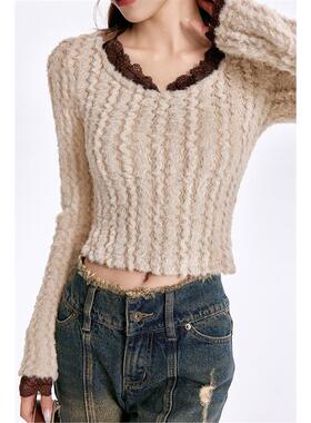 LINFANGING 纯欲蕾丝拼接挂脖纯色毛衣女秋冬新款修身高级针织衫