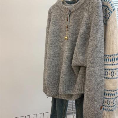 灰色覆古宽松圆领毛衣女小个子加厚内搭秋冬可外穿打底高级感上衣