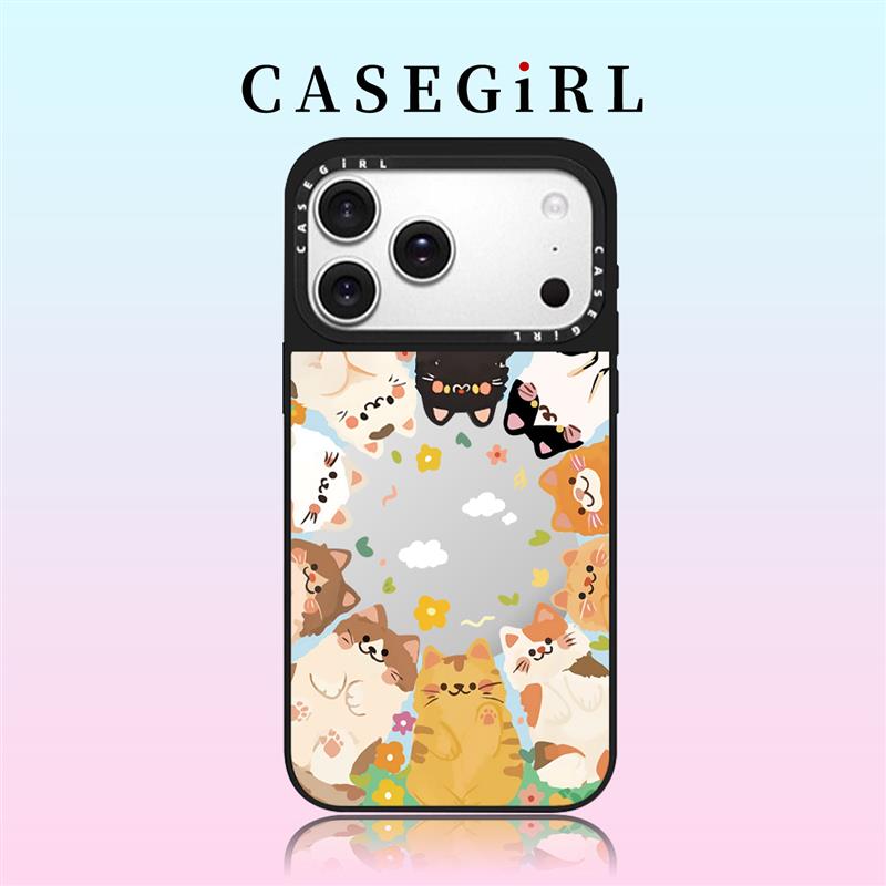 CASEGIRL喵喵花园适用苹果17ProMax手机壳新款iPhone16pro镜面15plus14全包ai键12防摔11创意13可爱xs小猫XR