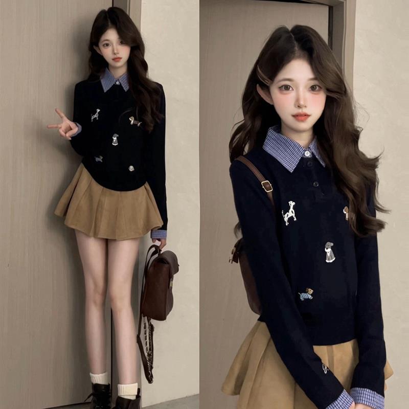 2025新款韩版时尚设计感秋季穿搭翻领刺绣毛衣假两件针织衫女上衣