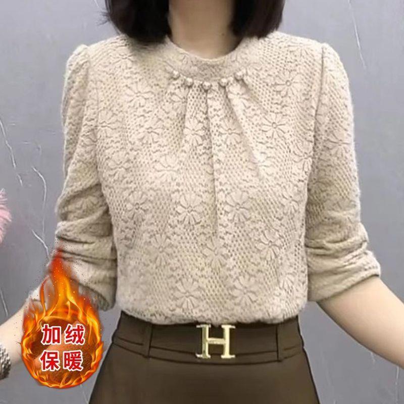 秋冬新款设计感珍珠加绒加厚打底衫女时尚气质减龄百搭保暖上衣