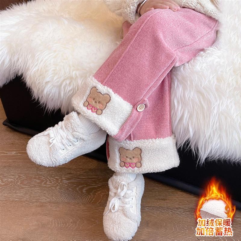 女童加绒裤子2025新款一体绒直筒裤小女孩阔腿裤宝宝儿童秋冬长裤