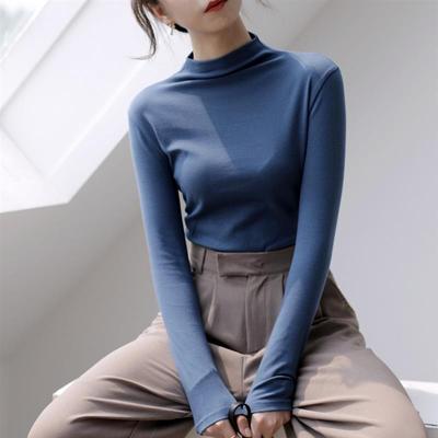 雾霾蓝半高领打底衫t恤女长袖纯棉洋气内搭上衣黑色高级感白色
