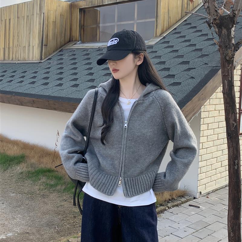灰色连帽针织开衫女秋冬新款韩系慵懒风短款内搭毛衣拉炼外套上衣