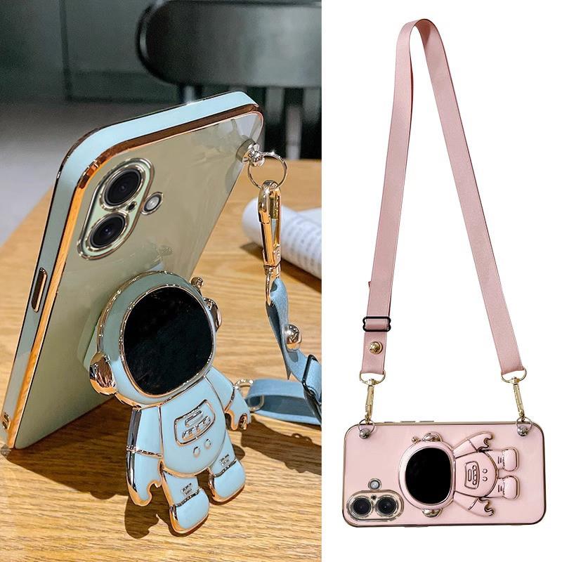 新款电镀太空人支架适用苹果16手机壳iPhone15全包16promax女款硅胶14防摔套13带挂绳12可背11斜挎15plus软xr