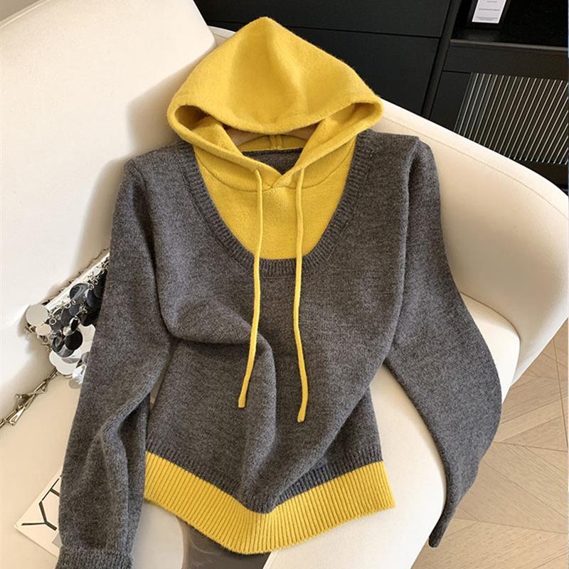 好爱这配色~慵懒高级感假两件撞色连帽毛衣女秋冬2025百搭针织衫