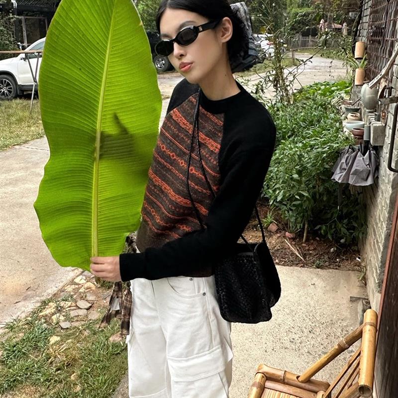 现货费尔岛提花拼色撞色毛衫上衣女秋冬百搭韩版休闲针织毛衣