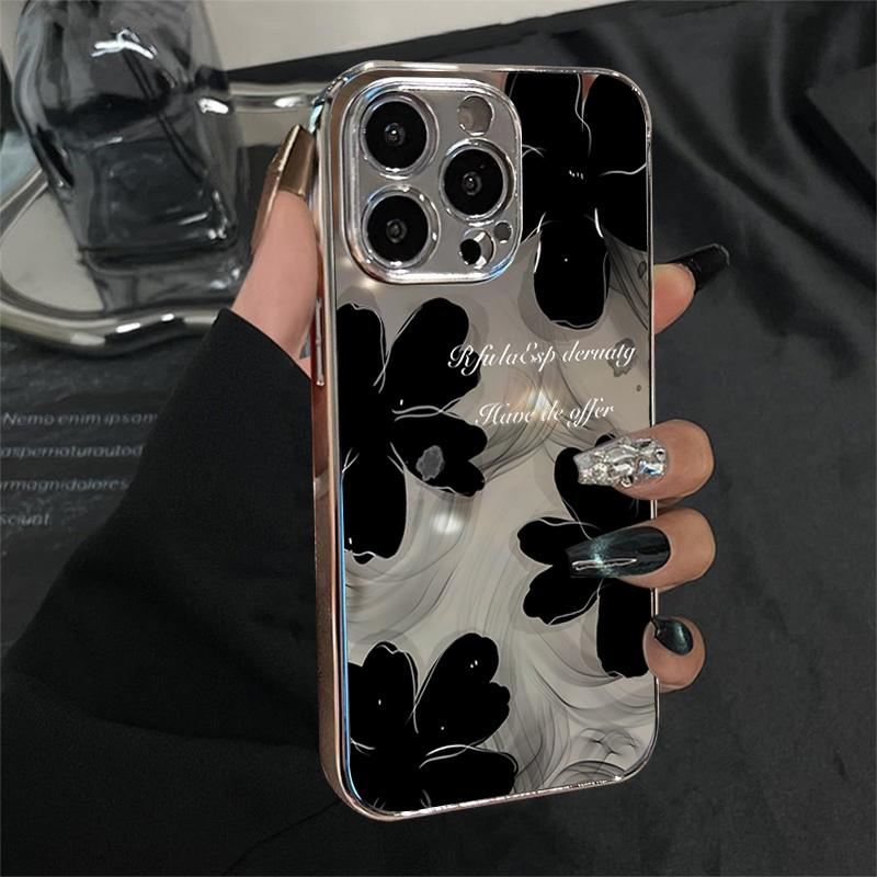 黑色水墨花适用苹果16promax手机壳iphone15女14电镀镜面新款时尚13/12/11防摔小众xsmax全包7/8plus保护套