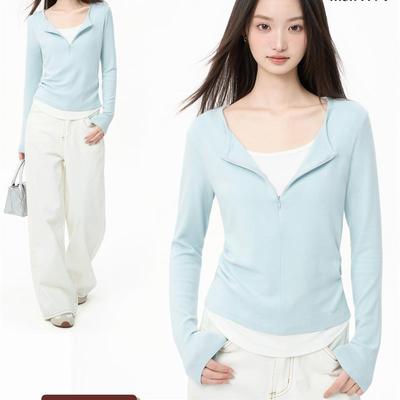 iiiamX奶蓝色假两件长袖上衣女秋季内搭打底衫修身正肩t恤2025冬