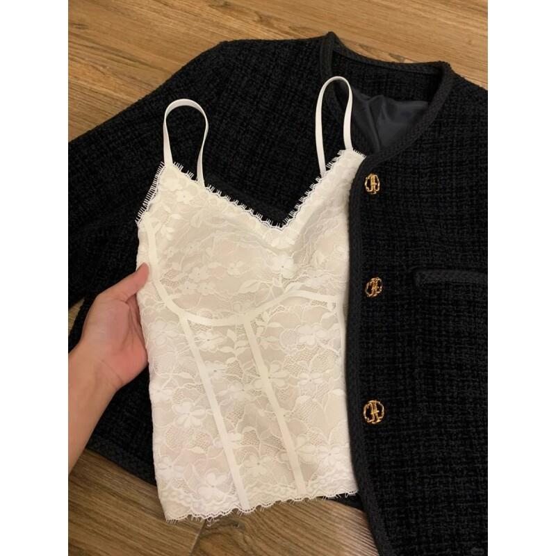 白色蕾丝带胸垫背心女夏季V领辣妹外穿鱼骨收腰打底上衣短款吊带