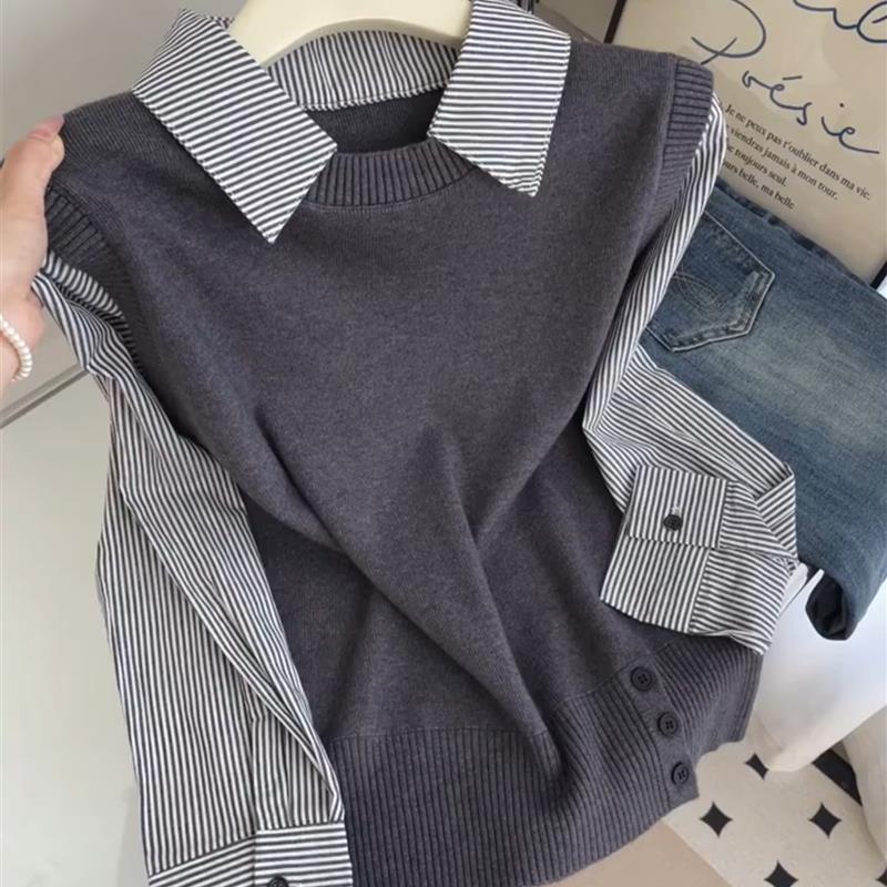 韩系假两件撞色条纹针织拼接翻领衬衫女秋2025学院风减龄百搭上衣