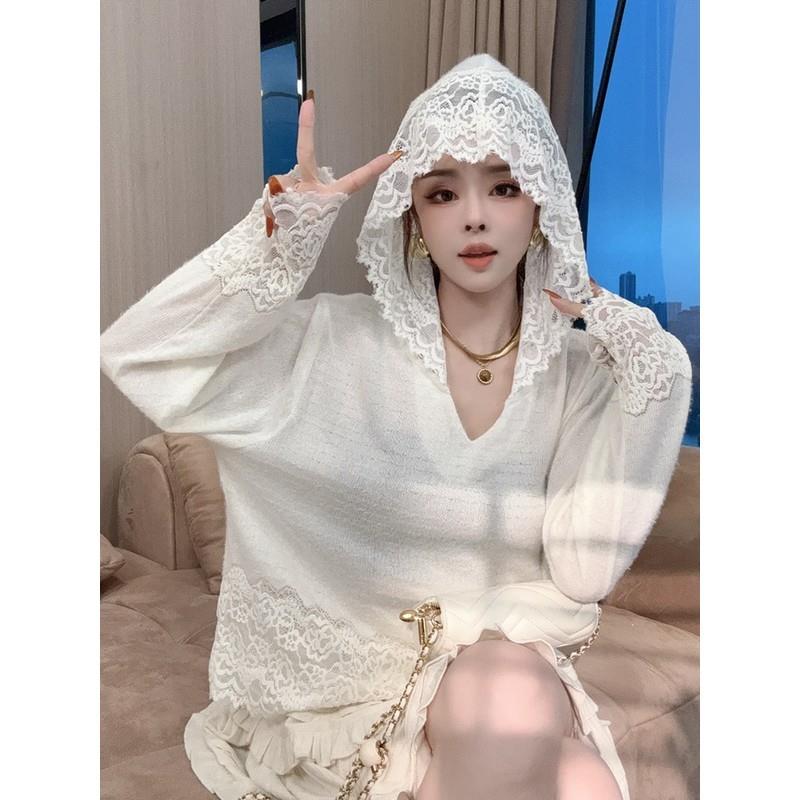 大码胖mm连帽蕾丝拼接针织空调罩衫女2025新款白色高级感防晒上衣