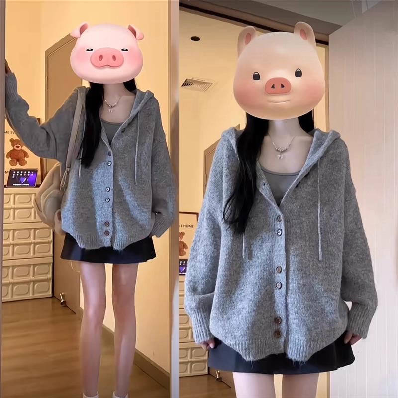 灰色连帽毛衣开衫外套女秋冬季韩系穿搭oversize慵懒风针织衫上衣
