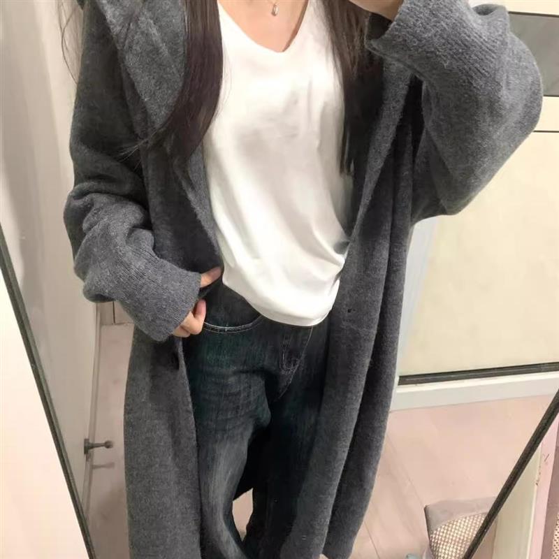 中长款过膝连帽毛衣外套女开衫秋冬新款针织宽松加厚气质慵懒大衣