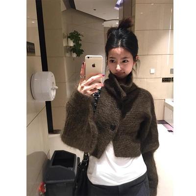 覆古短款马海毛软糯开衫毛衣女冬季慵懒风宽松半高领针织外套上衣