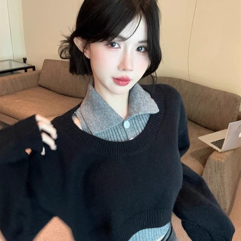 学院风Polo领毛衣女秋冬高级感针织衫短款上衣叠穿吊带背心两件套