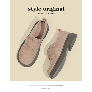 女软底软面平底单鞋 乐福鞋 圆头厚底春季 真皮复古磨砂英伦风小皮鞋