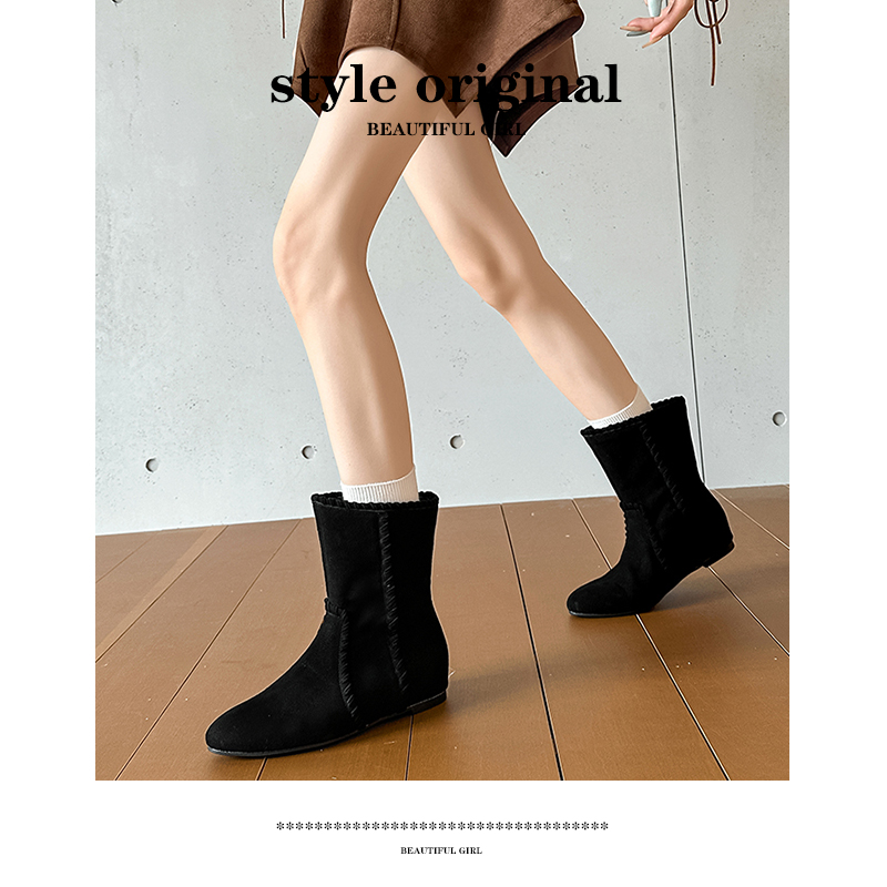 小众磨砂绒面串绳尖头马丁靴