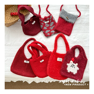 ins红色系~新年款儿童包包女童手提针织包女宝宝年服搭配斜挎小包