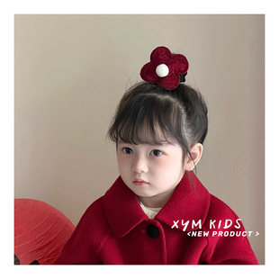 高颜值宝宝新年复古红花朵发圈头饰女童过年发夹头绳小女孩发饰冬