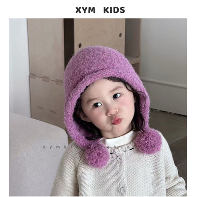 ins风圈圈纱双球儿童护耳帽冬季男女宝宝纯色加厚保暖针织包头帽