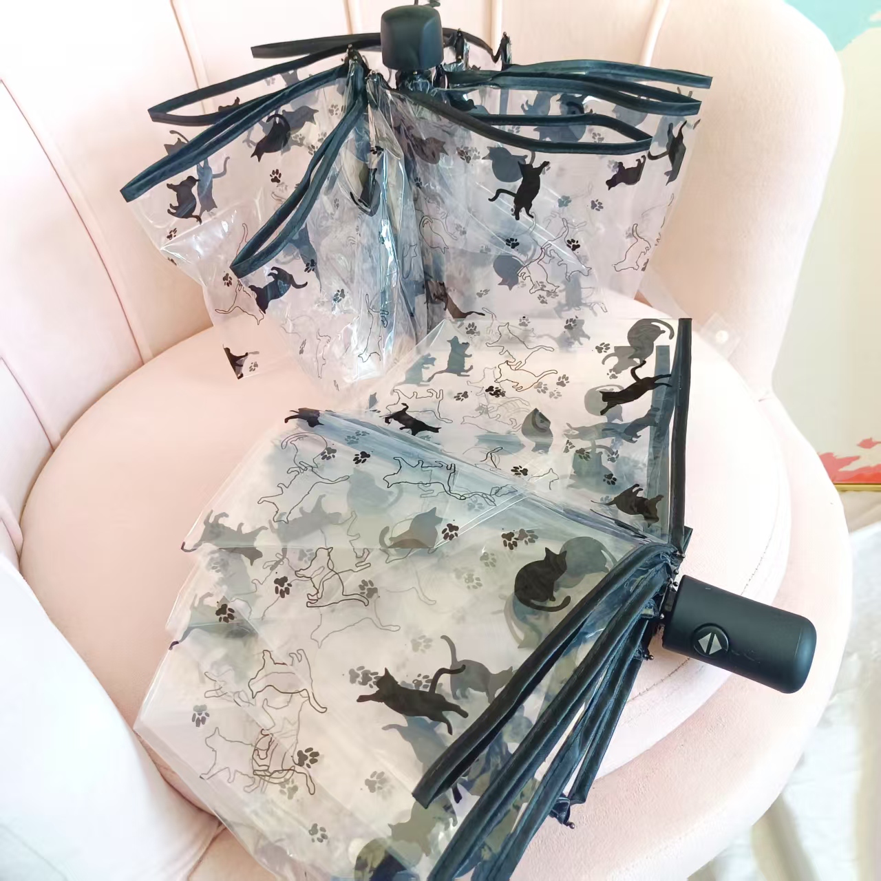 抖音同款高颜值浪漫网红可爱黑色猫咪全自动学生折叠透明伞男女