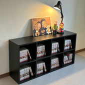 北欧中古书架靠墙黑色矮书柜落地格子柜自由组合实木置物架八格柜