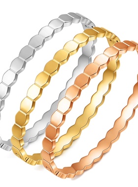 欧美新款60mm简约个性六边形蜂巢手镯菱形光面卡扣手环手镯女