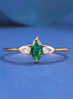 辉之翼珠宝欧美新款马眼仿真祖母绿S925纯银豪华围镶复古简洁戒指