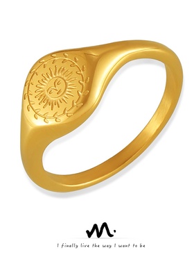 欧美时尚个性小众冷淡风饰品雕刻花环环绕太阳设计感钛钢镀金戒指