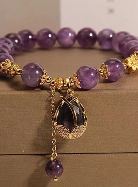 新款紫水晶手链女个性设计水晶带蜘蛛郁金香民族风手饰送女友闺蜜
