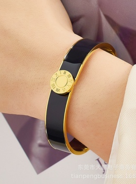 新款欧美跨境弹簧手镯 圆形罗马数字彩色珐琅滴胶钛钢手镯女