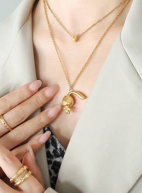 中国风新款ins个性兔子吊坠项链 本命生肖钛钢镀金双层镀金锁骨链