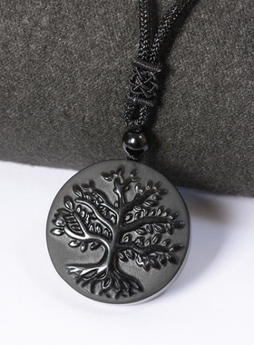 跨境黑曜石生命树吊坠水晶黑曜石护身符生命之树挂件水晶圆形玉坠