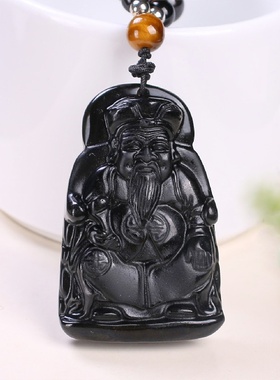 天然黑曜石土地公吊坠福德正神水晶挂坠社神男女通用情侣项链